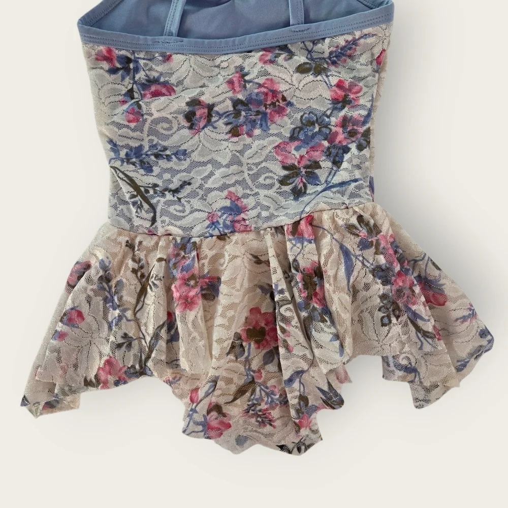 DANSCO Vintage Gym Foral Lace Leotard With Skirt. Size Small Fits 6 7.